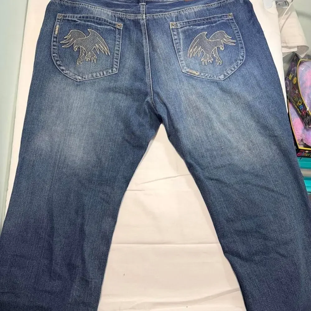 Royal Blue Jeans Mens 46x32 Eagle Embroidered Pockets Straight Fit Y2K Hip Hop